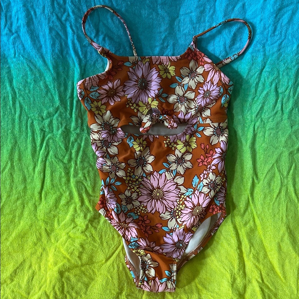 Cat & Jack Floral Kids Swim One Piece - Brown and Pink